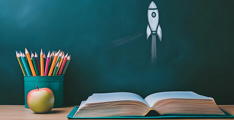 An open book on the desk, colored pencils and an apple beside it, chalk drawing of a rocket in space behind a school blackboard background, in a minimalistic style with pastel colors and a simple.