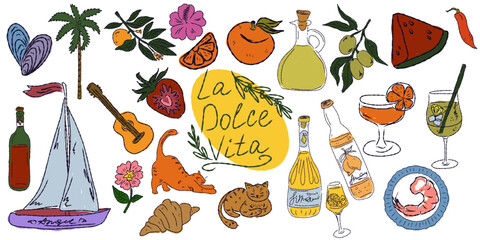 A whimsical set of hand-drawn sketches with splashes of color, Dolce Vita is inspired by the Mediterranean lifestyle. Includes food, drinks, flowers, summer decor and travel items. © Naya Chu
