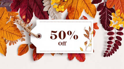 Vibrant "50% off" promotional tag set against a background of colorful autumn leaves, perfect for fall sales and promotions.