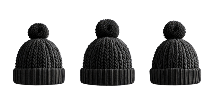 Three dark gray cable knit beanie hats with pom-poms