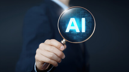 A hand holds a magnifying glass, magnifying the text "AI" (Artificial Intelligence), symbolizing research and analysis of future technologies.