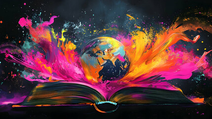 Vibrant earth with colorful paint exploding from open book