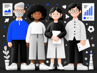 A group of four diverse 3D avatars, representing a business team or colleagues, with infographic elements.