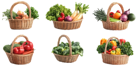 Six woven baskets overflowing with assorted fresh produce