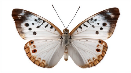 White butterfly with brown and black patterns on wings, close-up on a white background.