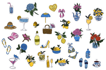 Obraz premium A whimsical set of hand-drawn sketches with splashes of color, Dolce Vita is inspired by the Mediterranean lifestyle. Includes food, drinks, flowers, summer decor and travel items.