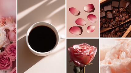 Collage of elements creating a cozy atmosphere: coffee, roses, chocolate, and petals.
