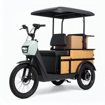 Modern electric cargo tricycle with canopy, designed for urban deliveries and mobility on white background