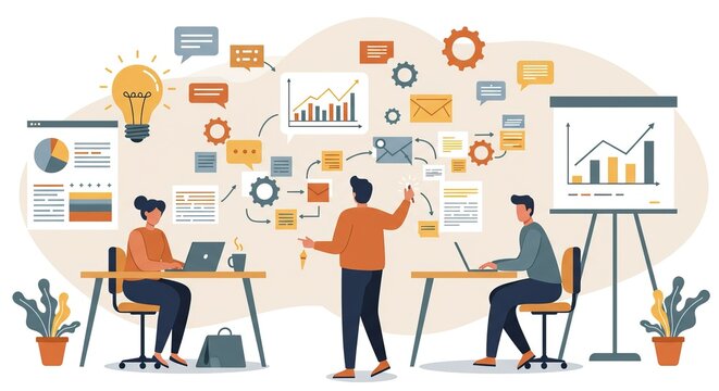 Business team is collaborating to develop innovative marketing ideas at the office, using graphs and technology.