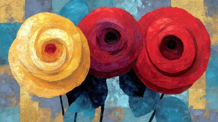 Vibrant textured painting of three large flowers with golden-yellow, maroon-red, and vivid red hues against a geometric blue, purple, and gold background with shadowy leaves.