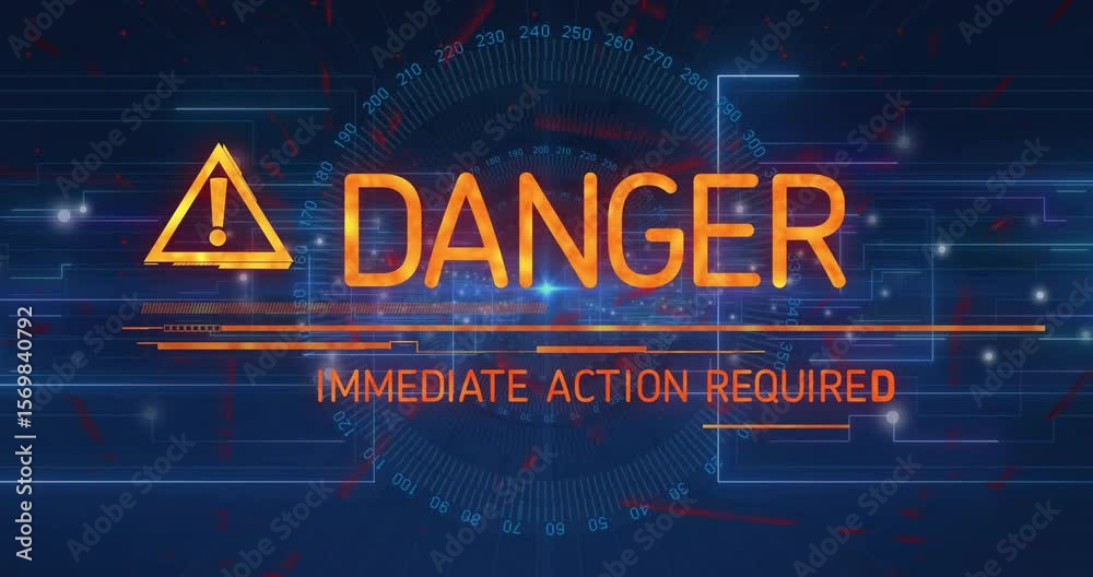 Poster on startup pulsing lines warning triangle sliding danger text morphing to immediate action required