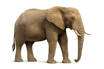 Obraz premium Realistic depiction of a majestic elephant standing gracefully against a plain background, showcasing its unique features and textures PNG die-cut for advertising
