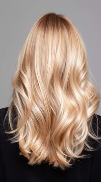 Studio Back-Shot of Layered Shiny Blonde Waves on Neutral Gray Background