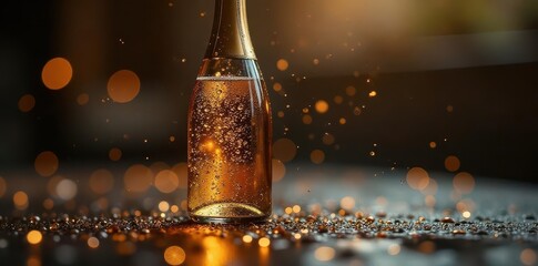 Full champagne bottle, condensation droplets glistening , drinkware, classic, liquid