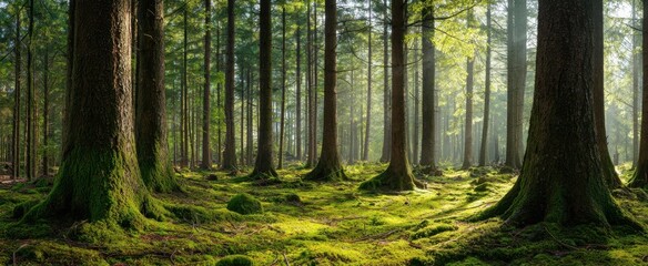 The serene forest filled with verdant moss and towering trees in sunlight.