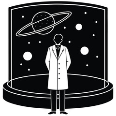 Monochromatic Illustration of a Scientist Contemplating Space within a Circular Enclosure Exploring the Wonders of the Universe © JunzeraIslam