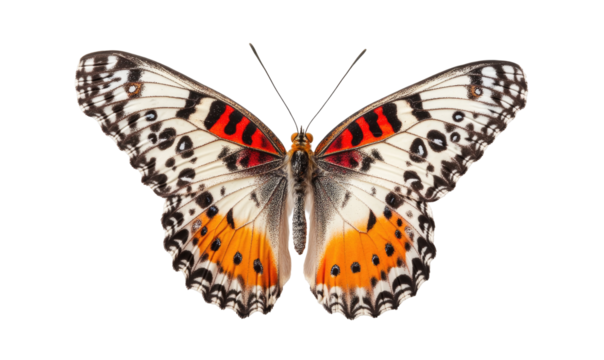 Close-up of a butterfly with intricate patterns of white, black, and orange/red