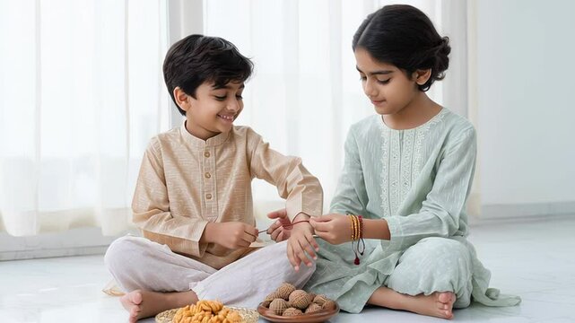 Sibling bonding: adorable Indian children sharing traditional snacks in ethnic wear Raksha Bandhan, Rakhi
