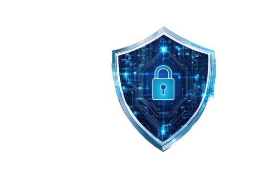 Digital shield with lock graphic.  Security symbol