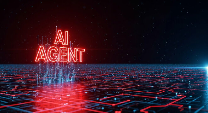Glowing ai agent text on a futuristic circuit board