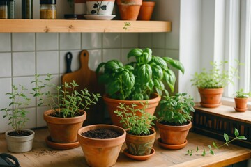 Fototapeta premium Fresh herbs, including basil and oregano, thrive in terracotta pots on a kitchen countertop, adding a touch of nature to the culinary space and promising flavorful meals