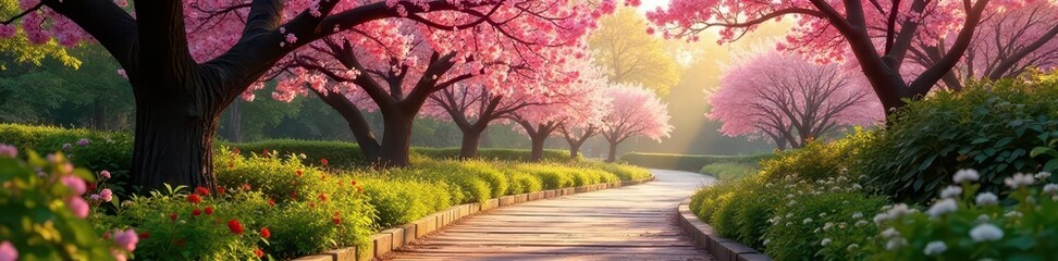 Fototapeta premium Sun-drenched cherry blossoms frame a rustic wooden path in a vibrant garden , wood, sun, path