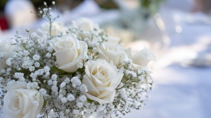Obraz premium White roses and baby's breath are arranged together, forming a beautiful centerpiece that adds a touch of elegance and romance to a wedding reception