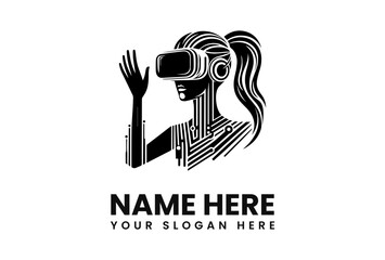 A woman with a ponytail wearing VR headset with circuit board design on her body, reaching out.