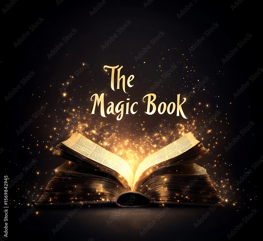 Poster an open book with pages turning into glowing light particles, representing the magical world of fant