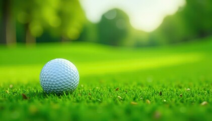 Obraz premium White golf ball rests on lush green fairway grass , equipment, outdoor, summer