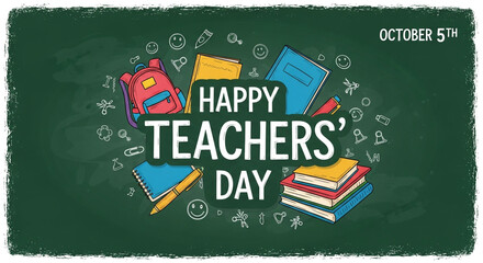 Happy Teachers' Day October 5th School Supplies Chalkboard Design