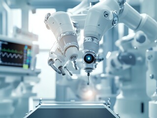 Advanced robotic surgical system performing retinal microsurgery, ultra-close-up view of precision robotic arms in a sterile, high-tech medical environment.