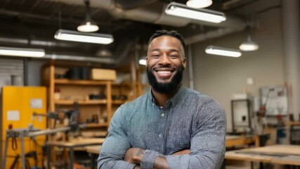 Confident craftsman smiling in his workshop, surrounded by woodworking tools - Powered by Adobe