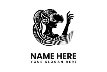 A woman wearing a VR headset reaches out, surrounded by stylized hair and flowing lines.