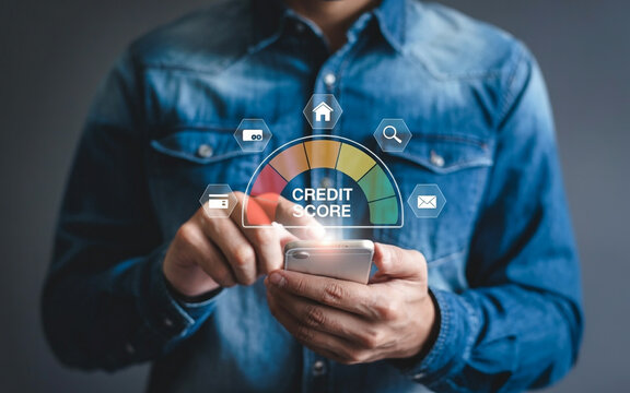 Digital Credit Score Interface with Floating Icons and Smartphone Interaction