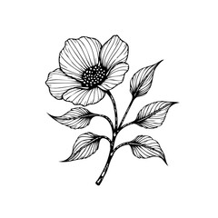 Detailed black and white line art illustration of a blooming flower showcasing petal elegance and botanical detail with leaves