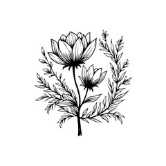 Elegant floral illustration featuring blooming flowers adorned with delicate leaves creating a captivating botanical arrangement