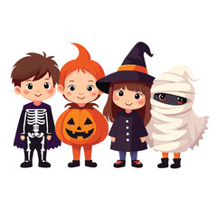 Group of Kids in Halloween Outfits – Skeleton, Witch, Mummy