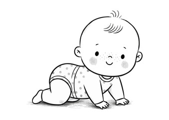 Crawling baby illustration with a joyful expression in a simple line drawing style copy space