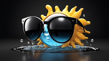 stylized sun character wearing sunglasses in water against a black background