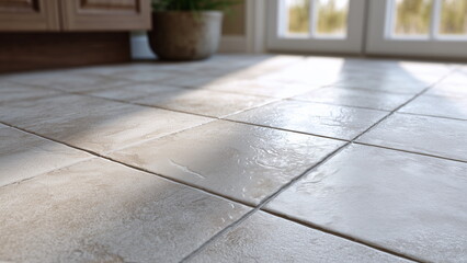 Close-up view of textured ceramic floor tiles in a neutral gray tone, with subtle grout lines and soft natural light highlighting the surface detail and matte finish.