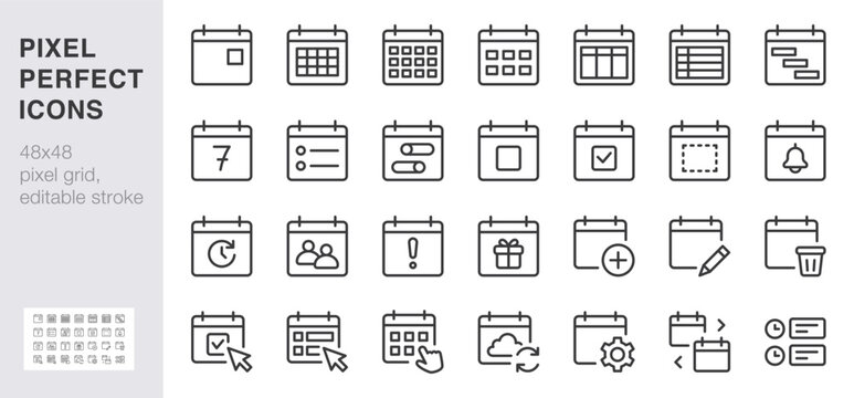 Calendar line icon set. Month view, agenda, event editing, reminders, sync minimal vector illustrations. Simple outline signs for planners and scheduling. 48x48 Pixel Perfect. Editable Stroke