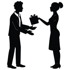 A Silhouette Scene of Gift Giving with a Man and a Woman in Elegant Attire with Ribboned Present