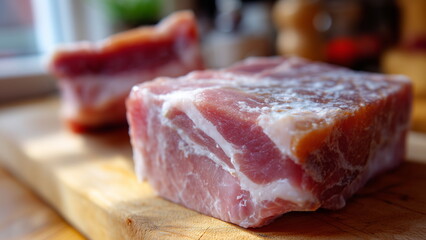 a close-up of raw pork fat on a butcher&rsquo;s wooden cutting board, thick white fat layers with streaks of pink meat, marbled texture, rustic kitchen background.
