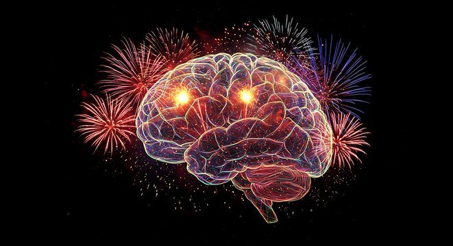 Overloaded neural network with fireworks bursting on a velvet-black canvas for sensory processing