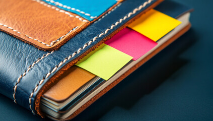 Fototapeta premium Close-up of a colorful leather notebook with stitched edges, with colorful Post-it notes on the cover
