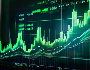 a stock market graph with green candlestick chart showing an up trend line pattern of the trading graph chart on a digital screen economic stock exchange trading concepts