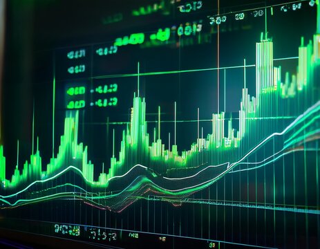 a stock market graph with green candlestick chart showing an up trend line pattern of the trading graph chart on a digital screen economic stock exchange trading concepts