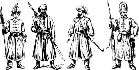 Ottoman Janissary Warriors Vector Engraving Set. Detailed Monochrome Turkish Soldier Illustrations. Vintage Historical Military Icons & Symbols
