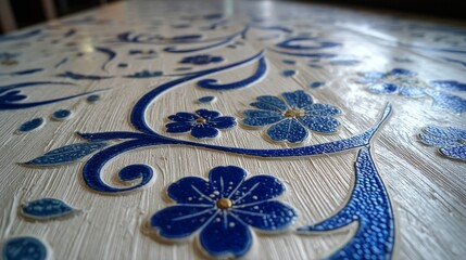 Close-up of intricate floral design with vivid blue flowers, golden centers, curving vines, and textured leaves on a light beige background, showcasing delicate craftsmanship and aesthetic beauty.